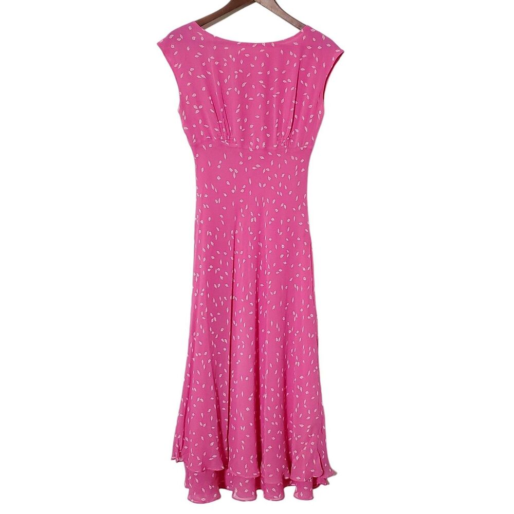 Vintage Chadwicks Silk Dress Size 8 Fairy Y2K Leaf Print Midi Flowy Pink Womens